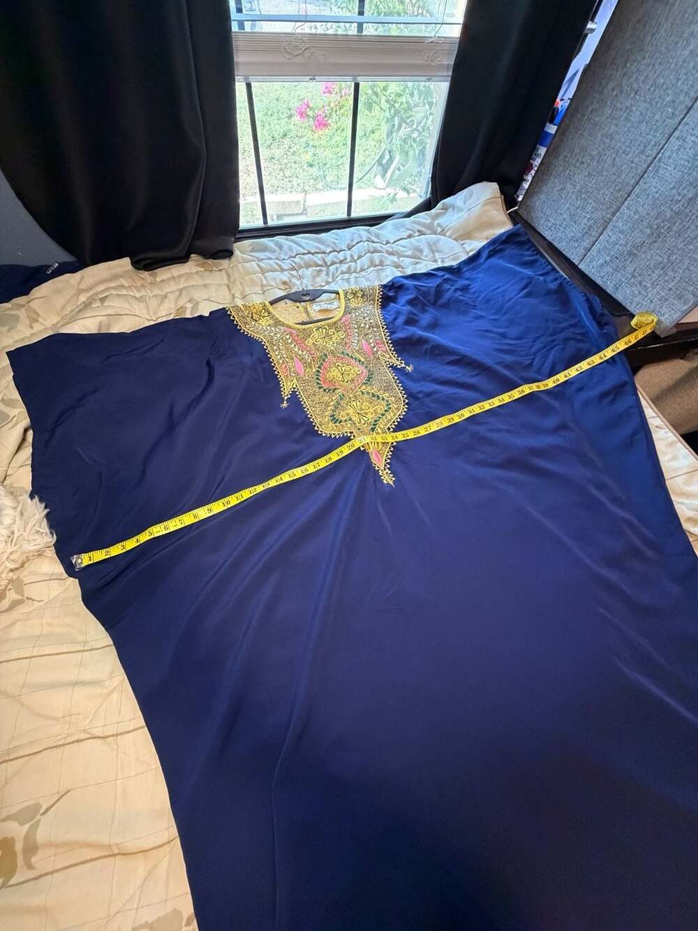 Aicha Broderie Abidjan African Boubou Kaftan Navy Gold Embroidered Maxi Dress - Picture 8 of 11
